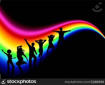 Silhouettes of funky people dancing on rainbow coloured background