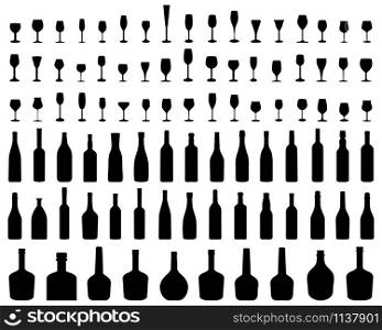 Silhouettes of glasses and bottles of wine on a white background, vector