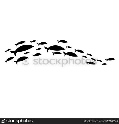 Silhouettes of groups of sea fishes. Colony of small fish.