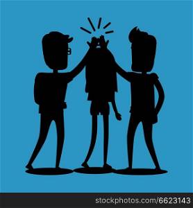 Silhouettes of guys and girl clapping hands together above heads. Best friends spend fun time, friendship day flat design. Vector illustration of unknown unrecognizable people banner in cartoon style. Silhouettes of Guys and Girl Clap Hands Together