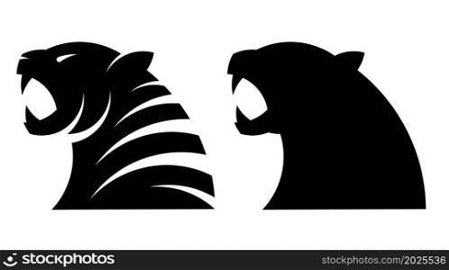 Silhouettes of head of roaring angry tiger with open mouth and sharp teeth. Symbol, emblem of new year 2022. Simple black and white vector isolated on white background