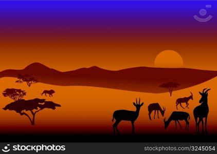 Silhouettes of herd of antelopes and a lion in savannah