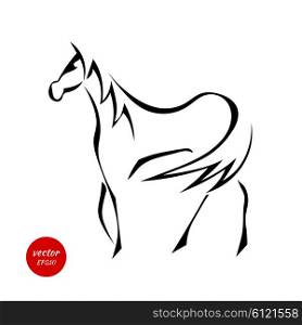 Silhouettes of horse with beautiful mane isolated on white background. Vector illustration.