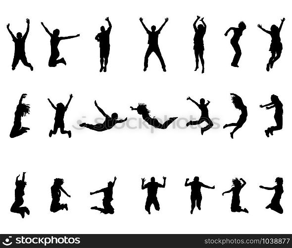 Silhouettes of jumping people on a black background