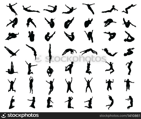 Silhouettes of jumping people on a black background