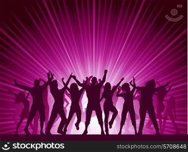 Silhouettes of lots of people dancing on a star burst background