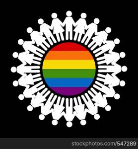 Silhouettes of men and women holding hands around a circle in LGBT colors