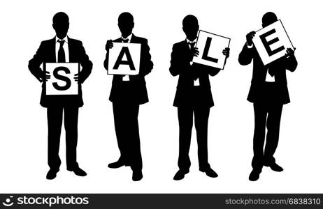 "Silhouettes of men holding "sale" sign isolated on white"