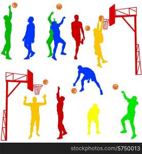 Silhouettes of men playing basketball on a white background. Vector illustration.