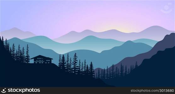 silhouettes of mountains, chalet and forest at sunrise. Vector illustration.. silhouettes of mountains, chalet and forest at sunrise. Vector illustration. mountains, hills, trees, house, mist, sun beam with sunrise or sunset sky. For prints, posters, wallpapers web background