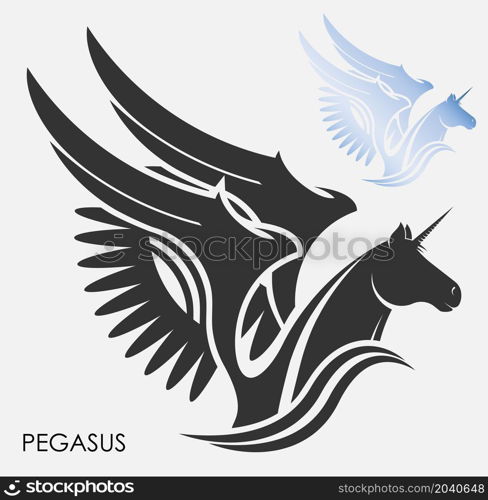 Silhouettes of mythical pegasus horse head. Unicorn emblem with wings. Isolated vector on white background. Simple black and white vector isolated on white background
