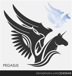 Silhouettes of mythical pegasus horse head. Unicorn emblem with wings. Isolated vector on white background. Simple black and white vector isolated on white background
