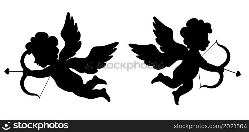 Silhouettes of mythological angel of love Cupid. Cupid, boy with angel wings, bow and arrows. Valentines day symbol. Vector