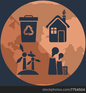 Silhouettes of objects destroying and saving ecology of Earth on background of planet. Waste recycling, use of alternative energy sources without harm to environment. Outlines of plants polluting air. Silhouettes of objects destroying and saving ecology of Earth on background of world globe