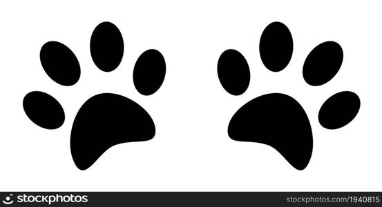 Silhouettes of pads of the cat paws. Animal paw prints on ground. Simple black and white vector isolated on white background