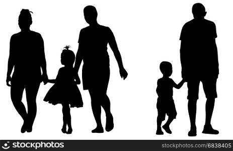 Silhouettes of parents holding kids hands isolated on white