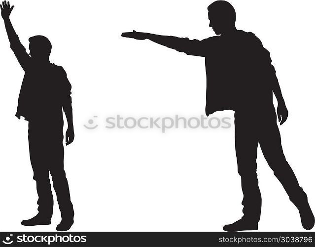 Silhouettes of people calling taxi isolated on white