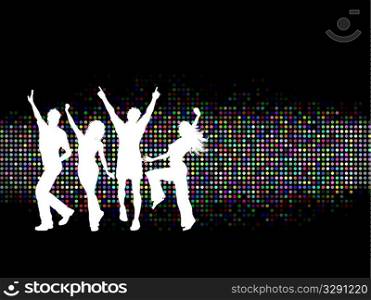 Silhouettes of people dancing on a colourful background
