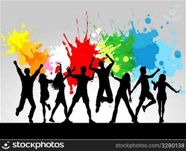 Silhouettes of people dancing on a grunge background