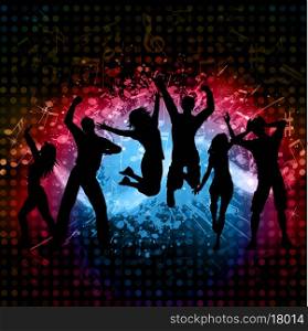 Silhouettes of people dancing on a grunge music notes background