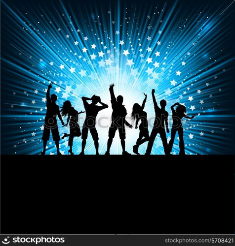 Silhouettes of people dancing on a starburst background