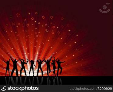 Silhouettes of people dancing on a starry background