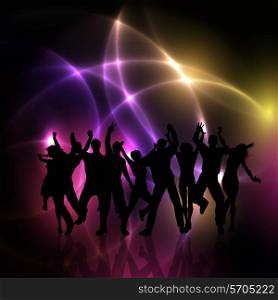 Silhouettes of people dancing on an abstract lights background