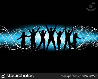 Silhouettes of people dancing on an electric blue abstract background