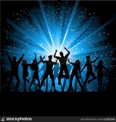 Silhouettes of people dancing on starry background