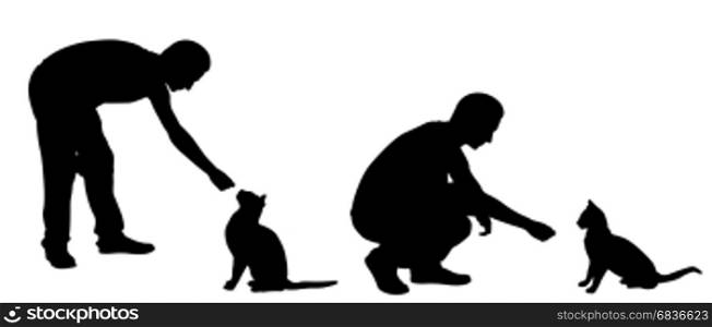 Silhouettes of people feeding cats isolated on white
