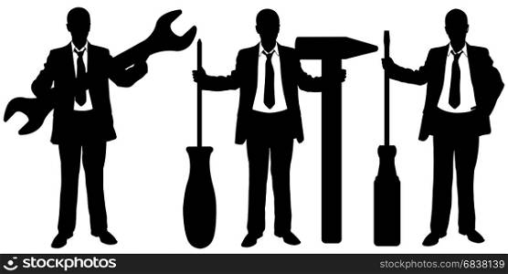 Silhouettes of people holding big tools isolated on white
