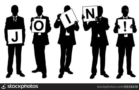 "Silhouettes of people holding "join" sign isolated on white"