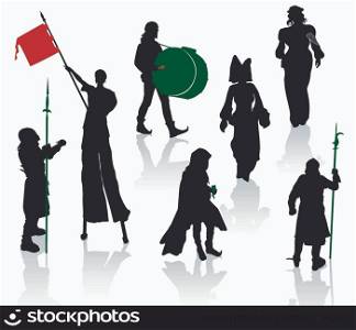Silhouettes of people in medieval costumes. Knight, musicians, juggler on stilts, ladies.