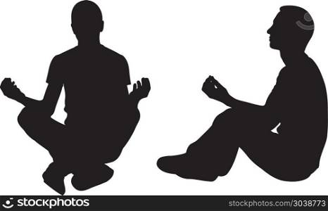Silhouettes of people in yoga position isolated on white