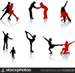 Silhouettes of people on a skating rink. Figure skating, training, entertainment.