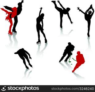 Silhouettes of people on a skating rink. Figure skating, training, entertainment.