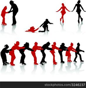 "Silhouettes of people on a skating rink. Game in "snake", dance, falling, training."
