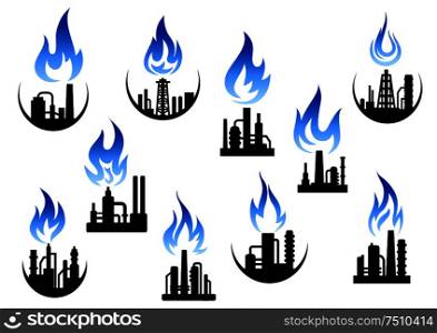 Silhouettes of petroleum refineries, natural gas processing and chemical plants icons set with ornamental blue flame above their pipes, for oil industry themes design. Industrial plants and factories icons