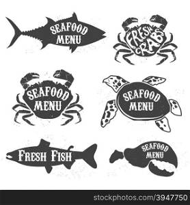 Silhouettes of salmon, tuna, sea turtles and crabs with inscriptions. Label,badge template. Vector illustrations.