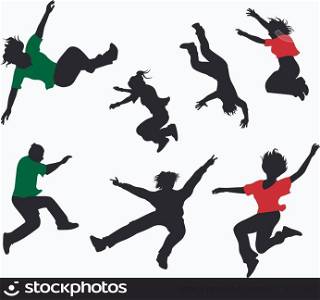 Silhouettes of seven jumping and fallen people