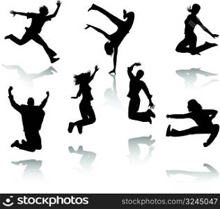 Silhouettes of seven jumping people