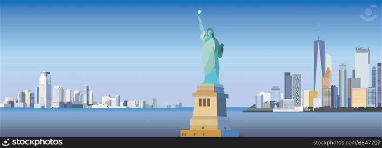 Silhouettes of Skyscrapers of New York City and Statue of Liberty colorful vector panorama in different colors. New York-city silhouette