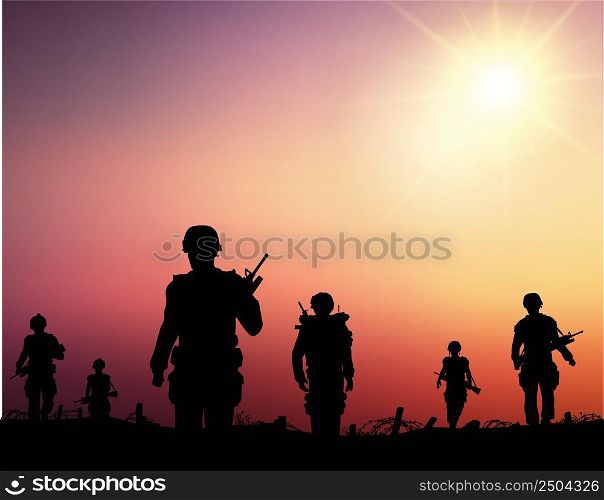 silhouettes of soldiers walking on the battlefield