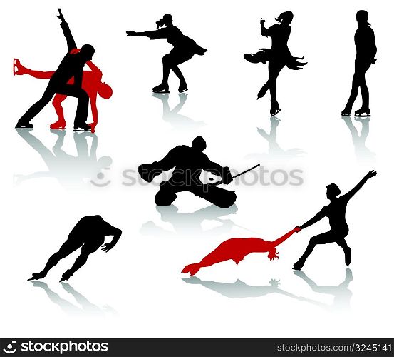 Silhouettes of sportsmen on skates. Speed skating , hockey, figure skating.