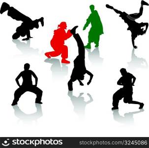 Silhouettes of street dancers teens. Hiphop and breakdancing.
