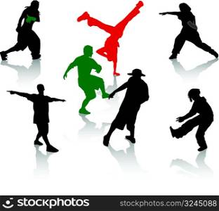 Silhouettes of street dancers teens. Hiphop and breakdancing.