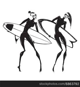Silhouettes of surf girls.. Silhouettes of surf girls. Hand drawn Vector illustration.