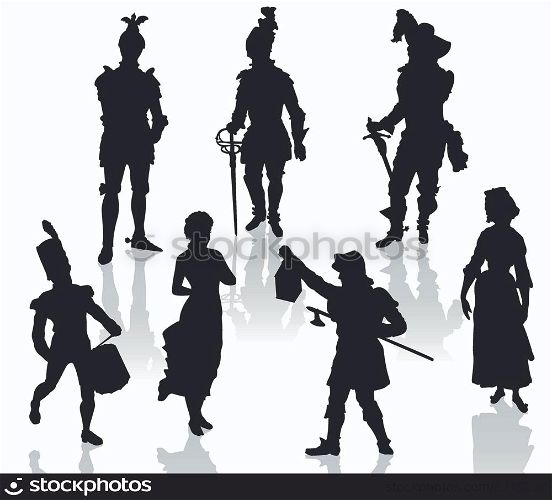 Silhouettes of the actors in theatrical costumes.