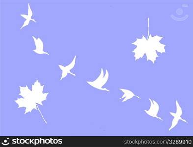 silhouettes of the cranes and maple leafs on blue background