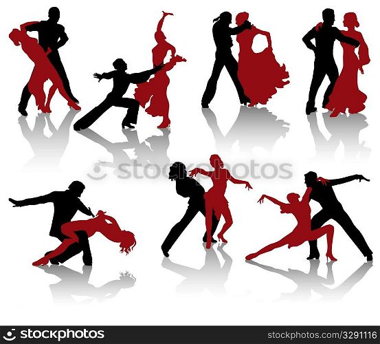 Silhouettes of the pairs dancing